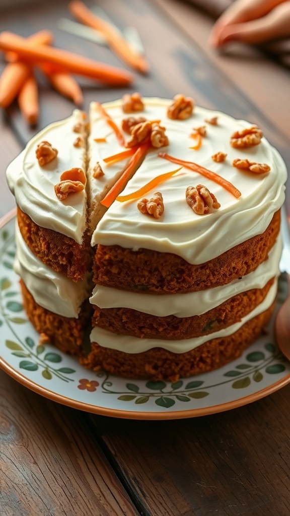 A two-layer carrot cake with cream cheese frosting, decorated with walnuts and carrot shavings on a rustic table.